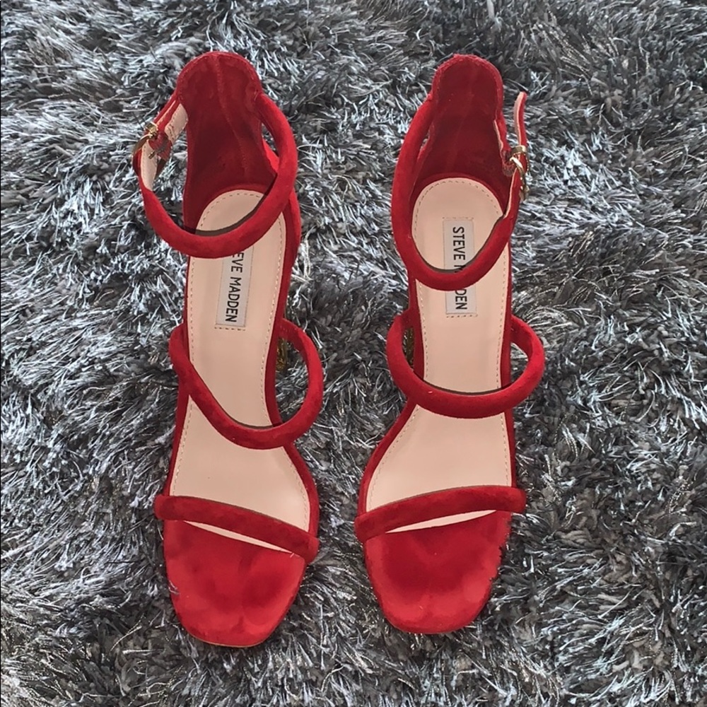 Red and gold strappy high heel sandals